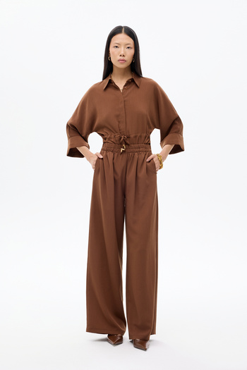 Quzu Elastic Waist Wide Leg High Waist Trousers Brown