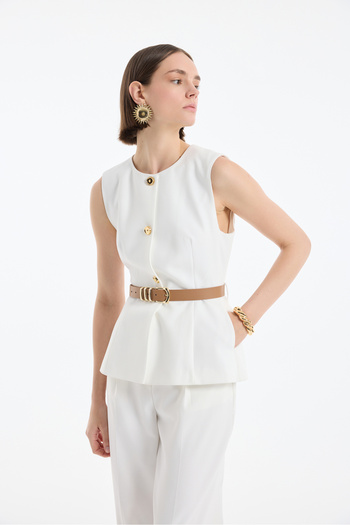 Quzu Buttoned Sleeveless Vest with Belt Accessories Ecru
