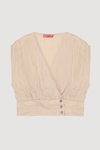Quzu Crinkle Look Sleeveless Buttoned Blouse Beige