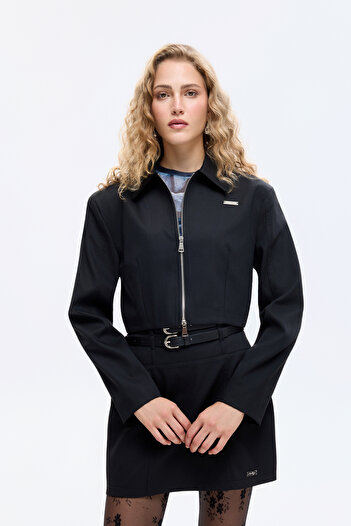 Quzu Shirt Collar Zippered Short Jacket Black