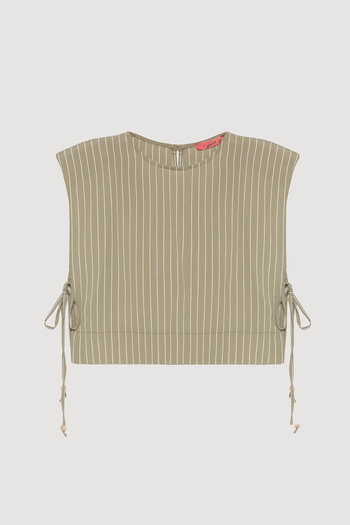 Quzu Striped Padded Blouse Khaki with Tie Sides