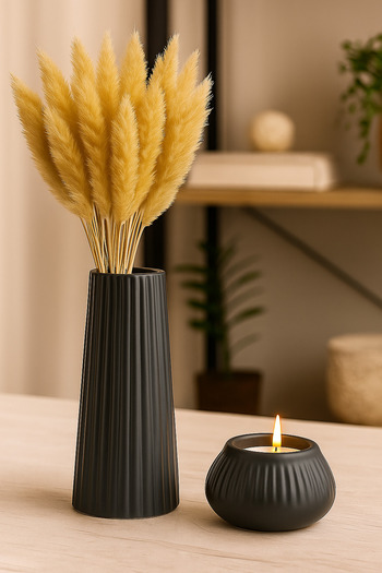TACTIC Black Striped Modern Decorative Stone Vase (18 cm) & Candle Holder Set |   Stylish Living Room and Tabletop Accessory