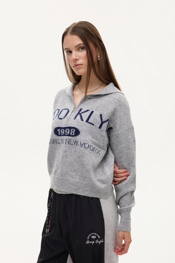 Quzu Brooklyn Written Half Zip Knitwear Sweater Gray