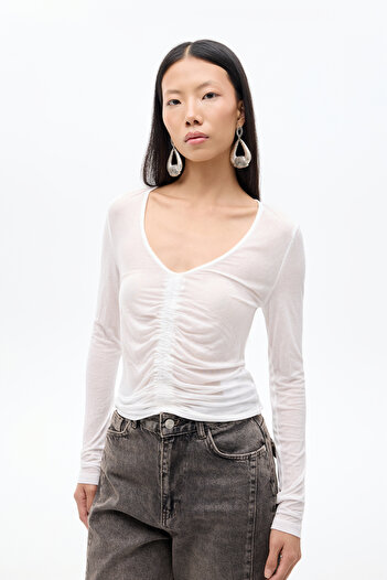 Quzu Front Gathered V-Neck Transparent Blouse Ecru