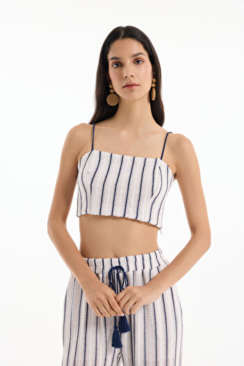 Quzu Stripe Detailed Strap Crop Blouse Ecru