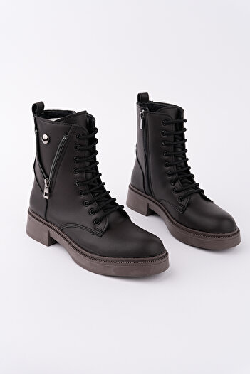 meyra'nın ayakkabıları Women's Brown Leather Ornamental Zippered Lace-Up Boots
