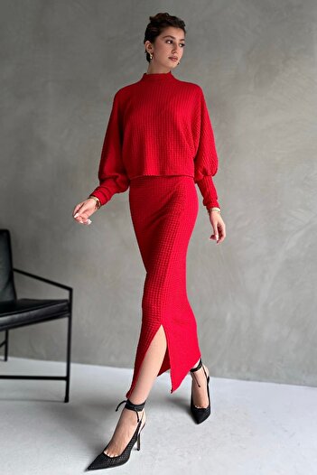 Fav Style Red Women's Set - Half Stand Collar Blouse and Long Skirt with Slit