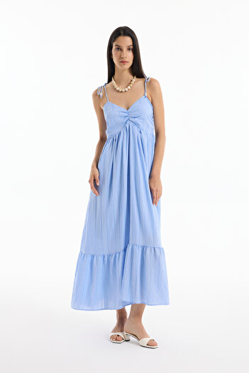 Quzu Rochie Maxi Detaliată Gather Albastru