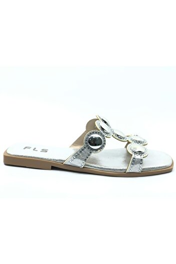 KCMN Feles Thin Sole Stone Detailed Women's Slippers Silver