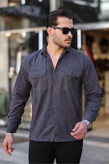 Valiberta Men's Velvet Shirt with Double Pockets Slim Fit - Smoked