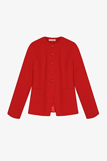 Quzu Round Neck Buttoned Blazer Jacket Red