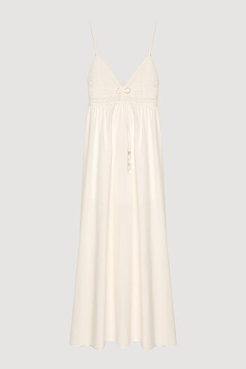 Quzu Stripe Gipe Detailed Strappy Long Dress Ecru