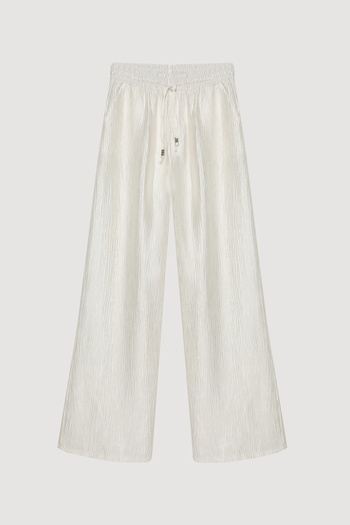 Quzu Elastic Waist Textured Loose Trousers Ecru