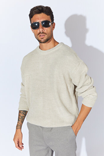 TENA Men's Beige Crew Neck Braided Knitwear Sweater