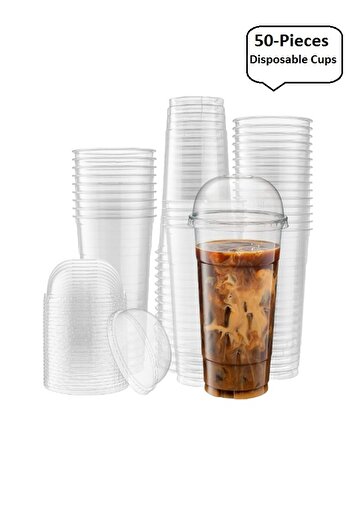 Raffine 50 Pieces Multipurpose Use Disposable Glass Thickened Transparent Plastic Cup with Lid 360 ml