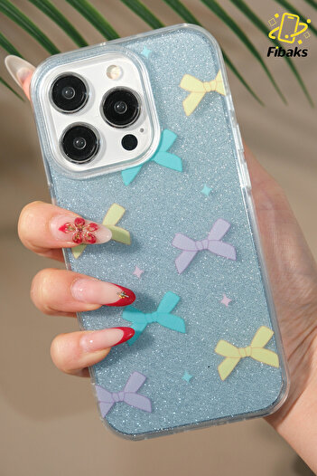 Fibaks Apple iPhone 16 Pro Max Compatible Case Blue Glitter Color Bow Pattern Shiny Shock Absorbing Cover