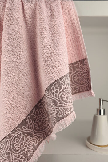 Sevim Extra Soft Bamboo Bath Towel - 70X140 cm - Salmon Color - with Border and Tassels