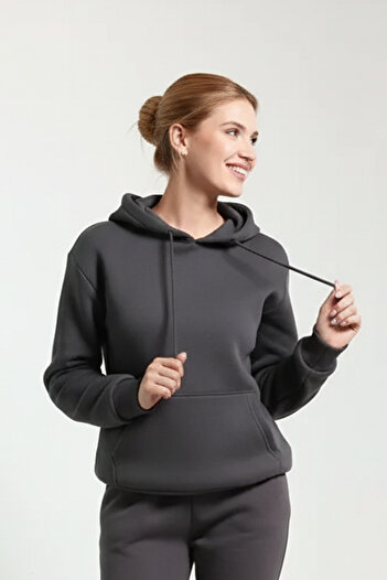 OXVİN Women's Kangaroo Pocket Hooded 3-Thread Puff Soft (Fleece Inside) Sweatshirt - Oversize Original Mold