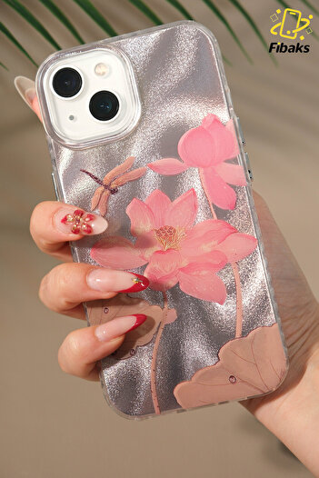 Fibaks Iphone 13/14/15 case holographic pink lotus flower pattern shock absorbing camera protected silicone