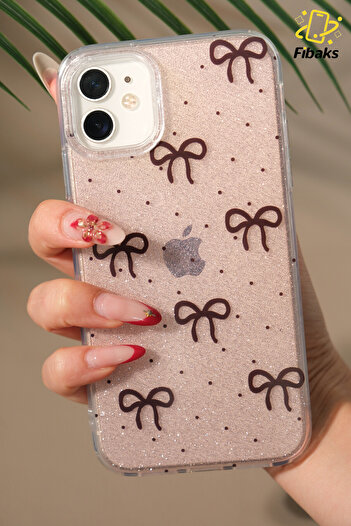 Fibaks Apple iPhone 12/12 Pro Compatible Case Silvery Black Bow Pattern Colorful Shiny Shock Absorbing Cover