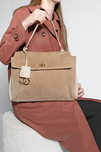 Marjin Women's Genuine Leather Lock Detailed Charm Hand and Shoulder Bag Rinyas Mink Suede