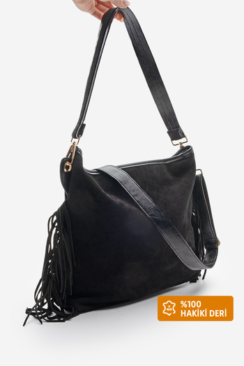 Marjin Women's Genuine Leather Tassel Detailed Hand and Shoulder Bag Soliga Black Suede