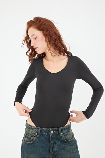 Addax V-Neck Long Sleeve Basic Bodysuit Z24-0098-Dk1