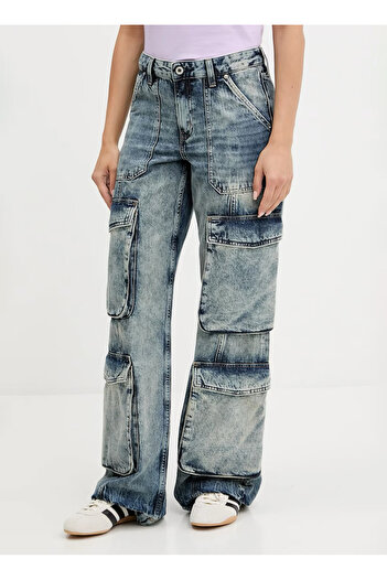 Karl Lagerfeld Jeans Yüksek Bel Geniş Paça Standart Mavi Kadın Denim Pantolon A3W10073