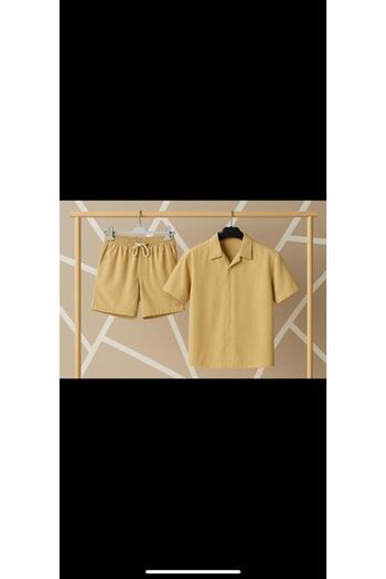 MCZ GİYİM Keten Men's Short Sleeve Slim Fit Shirt Collar Yellow Cotton Shirt and Pipe Leg Shorts Bottom Top Set