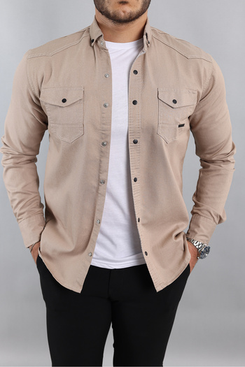 a02teks Ανδρικό τζιν πουκάμισο Slim Fit Κρέμα