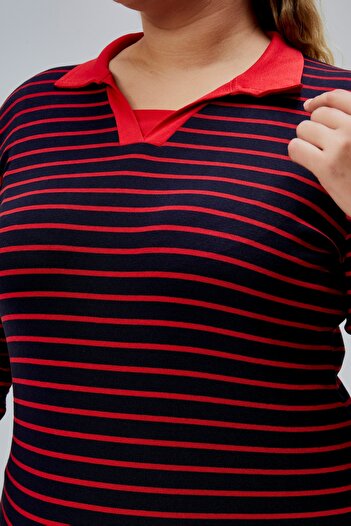 BANEGA Curve Plus Size 100% Cotton Lycra V-Neck Basic Long Sleeve Red Navy Blue Blouse