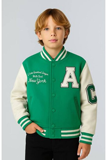 Uğur bebe 100% Cotton 3-Thread Ribbed College Cardigan Jacket Coat Green White Letter a