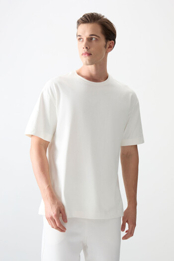 AIR JONES Ecru 100% Cotton Thick Soft Textured Oversize Fit Basic Men's T-Shirt - 88353