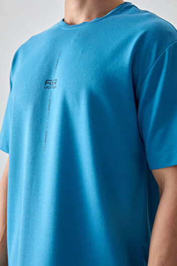 AIR JONES Petrol Mavi Pamuklu Kalın Yumuşak Dokulu Oversize Fit Baskılı Erkek T- Shirt - 88373