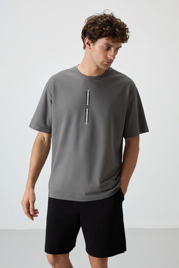 AIR JONES Dark Gray Cotton Thick Surface Textured Oversize Fit Printed Men's T-Shirt - 88366