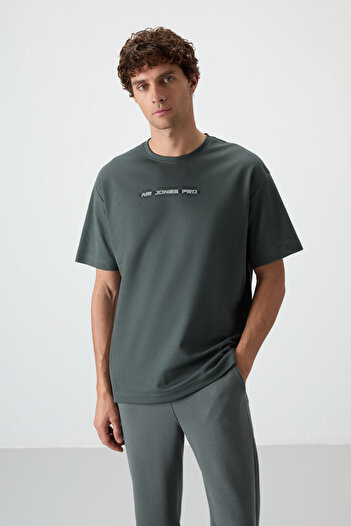 AIR JONES Khaki Cotton Thick Surface Textured Oversize Fit Printed Men's T-Shirt - 88365
