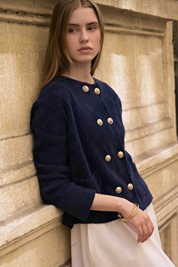 Hooopstore Navy Blue Feather Cardigan - Gold Button Detail