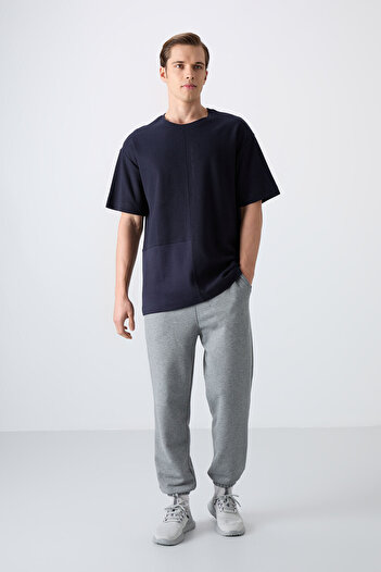 TOMMY LIFE Ανδρικό μπλουζάκι Navy Blue Cotton Thick Surface Texture Oversize Fit Basic - 88337