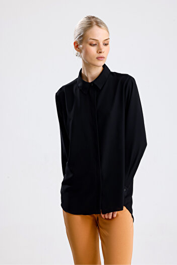 Sense Dubai Fabric Long Sleeve Hidden Placket Women's Shirt |   Gml36145 Black