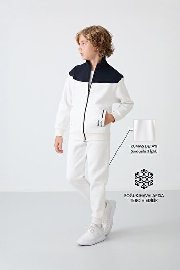 TOMMY LIFE Boy's Tracksuit Set - Ecru Cotton, Thick Fur Inside, Soft Textured Embroidery - 11240