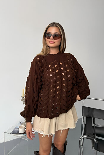 İLKCET MODA Openwork Brown Knitwear Oversize Women's Sweater