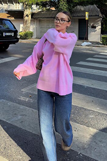 Swist Γυναικείο πλεκτό πουλόβερ Pink Biscuit Crew Neck Oversize