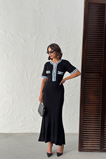 Lusin Women's Black Stylish Jean Detailed Short Sleeve Buttoned Knitwear Dress