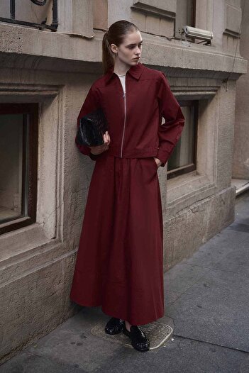 Hooopstore Gabardine Burgundy Jacket Skirt Suit