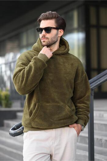 Madmext Khaki Plush Hooded Men's Sweatshirt 6050