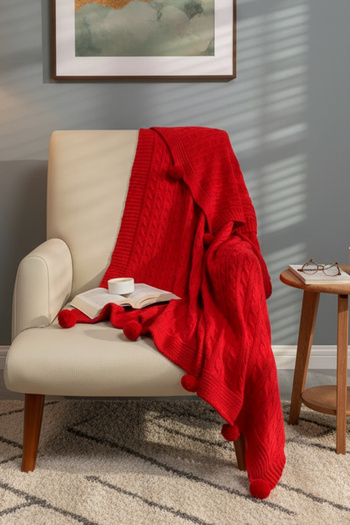 Sevim Pompom Knitwear Knitted Tv Blanket – Knitted Sofa & Shoulder Shawl & Knee Blanket – 130X170 cm – Red