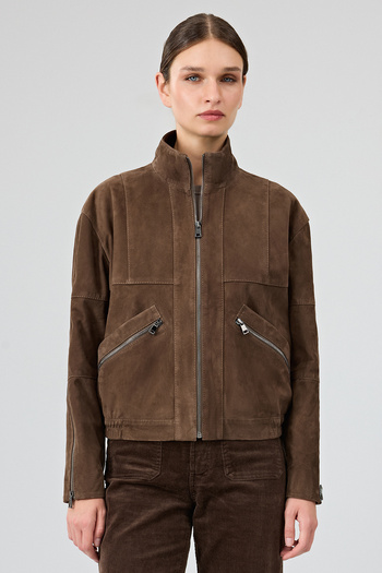 Derimod Gina Women's Brown Hakim Collar Oversize Short Suede Leather Jacket 25Wgd532910