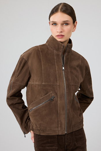 Derimod Gina Women's Brown Hakim Collar Oversize Short Suede Leather Jacket 25Wgd532910