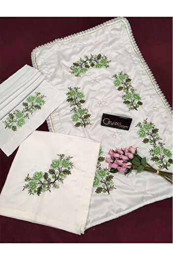 Çt Çeyizci Tekstil Cross Stitch 3 Piece Prayer Rug Set - Green