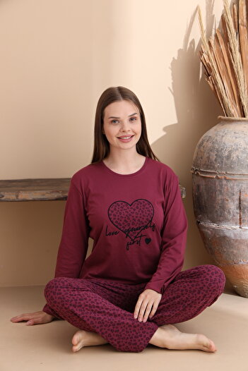 ELİTOL Set de pijamale pentru femei, tricotat din bumbac, cu mânecă lungă, cu model de prun leopard